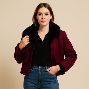 Vintage Lisa International Boiled Wool Jacket with Faux Fur Collar